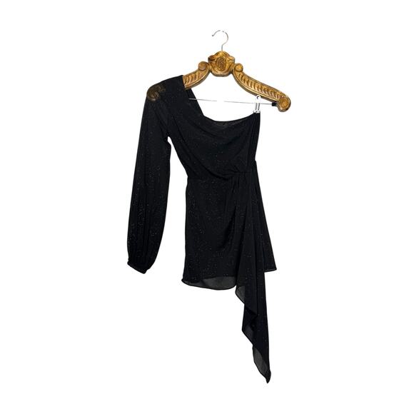 Hours Lilou Micro Mini Dress Black Midnight Sparkle One Shoulder Sheer xs - Picture 1 of 10
